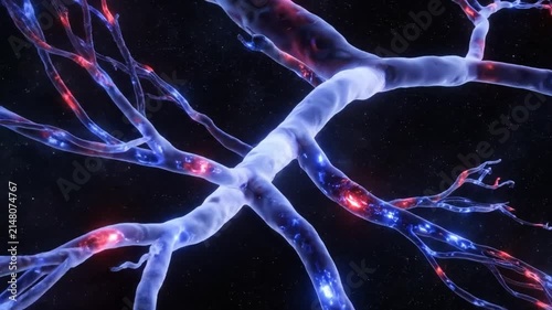 Abstract digital animation of nerve cells glowing blue and red on black