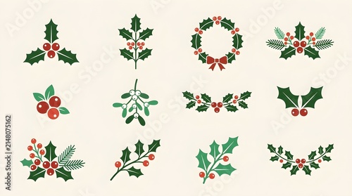 Flat vector collection of Christmas holly icons featuring holly leaves, berries, wreaths, mistletoe, pine branches, and festive botanical decorations. Perfect for holiday greeting cards, invitations, 
