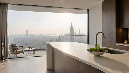 Luxury Penthouse Kitchen with Panoramic Windows and High-Rise City View