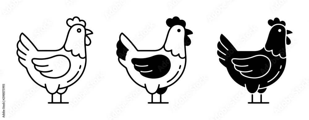 Fototapeta premium Chicken Icons Set, Farm Animal Vector Graphics, Poultry Illustrations, Simple Line Art and Silhouette Designs