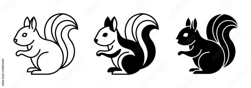 Fototapeta premium Three Stylized Squirrel Icons, Vector Silhouettes and Outline Art, Cute Forest Animal Graphics for Wildlife and Nature Themes