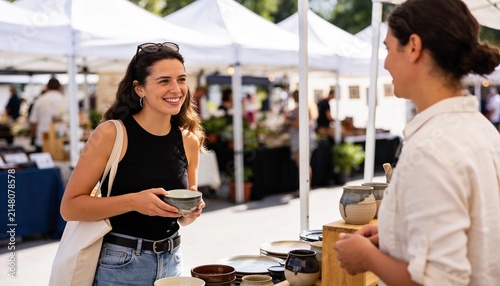 Young woman smiling while holding a ceramic bowl at an outdoor craft market, talking to a local artisan about handmade pottery for home decor and sustainable shopping