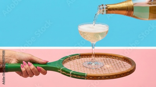 Champagne pouring into a coupe glass on a vintage tennis racket over a pastel pink and blue background.