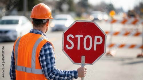 Traffic safety concept featuring a road work construction zone with a faceless traffic control worker in an orange reflective safety vest holding a stop sign.