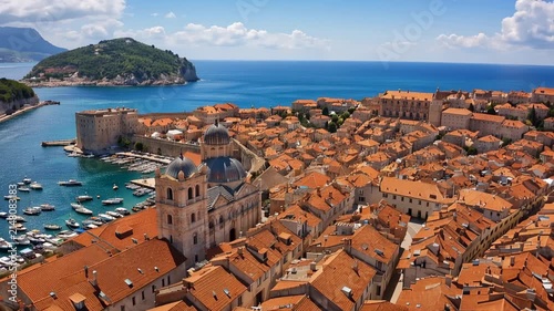 Aerial panoramic view of historic Dubrovnik old town with Adriatic coast under bright summer sky
