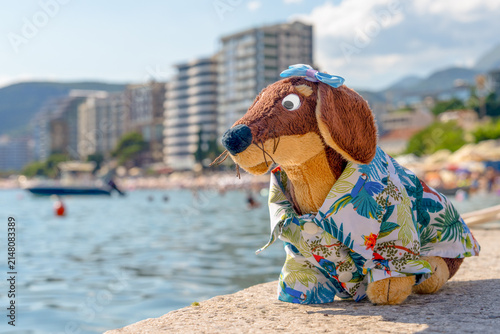 Photography A plush dachshund toy with a hair bow and floral print shirt sits on a stone ledge above calm blue water, with a coastal apartment skyline behind it, a charming keepsake of a seaside getaway