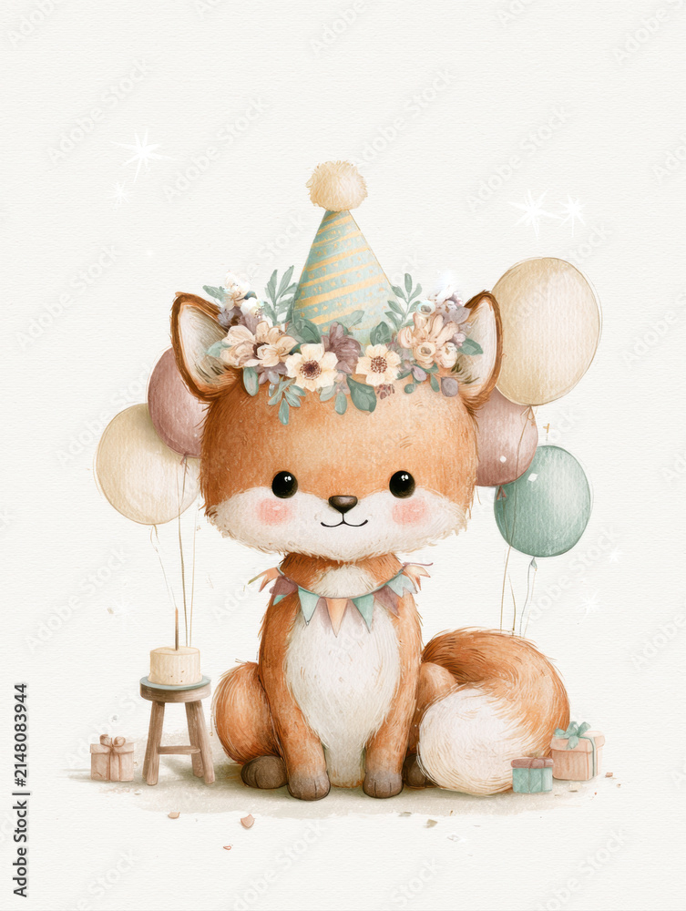 Obraz premium Cute Watercolor Baby Fox Character with Party Hat Floral Crown Balloons and Small Birthday Gifts Charming Nursery Wall Art Illustration Kids Celebration Greeting Card Design Isolated White