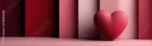 Red heart shaped object sitting on a pink surface love background banner copy space
