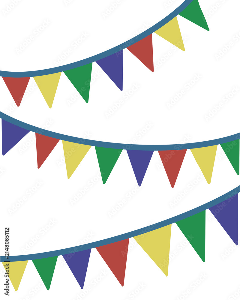 Fototapeta premium Garland Bunting Small Line Triangle Flags Drawing Cartoon Style Illustration Colorful Red Yellow Green Blue Party Birthday