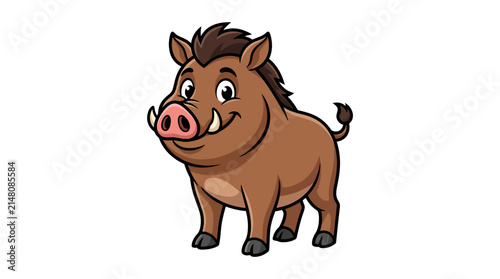 Friendly cartoon wild boar vector illustration showing a smiling brown warthog with tusks and a dark mane, standing in a playful pose against an isolated white background for mascot design.