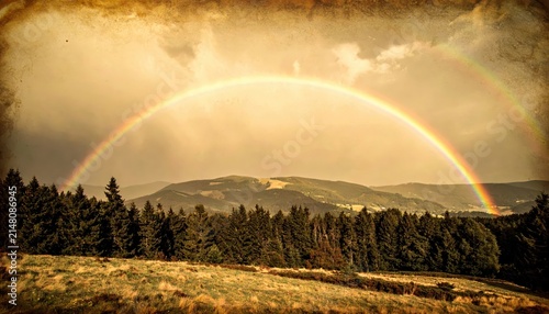 Double rainbow arching over a cloudy sky above a forest and rolling hills, natural phenomenon and landscape beauty