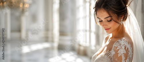 Elegant Bride in Luxury Wedding Dress with Soft Natural Light and Copy Space