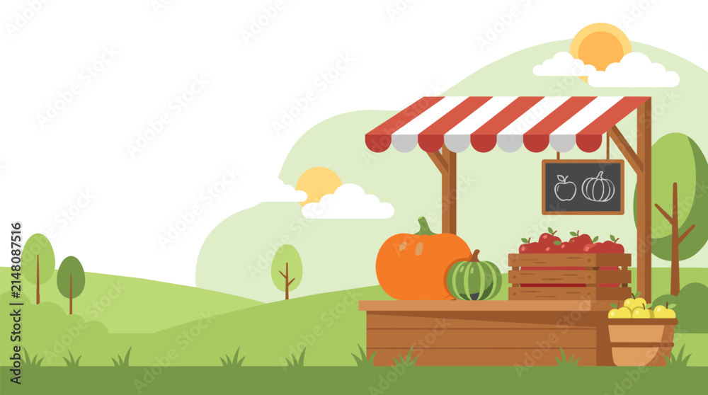 Fototapeta premium Autumn Farm Stand Harvest Display with Pumpkins Apples and Lush Green Scenery,
