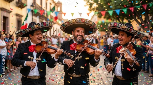 Three smiling mariachi musicians in colorful sombreros playing violins during a festive street celebration with confetti.
