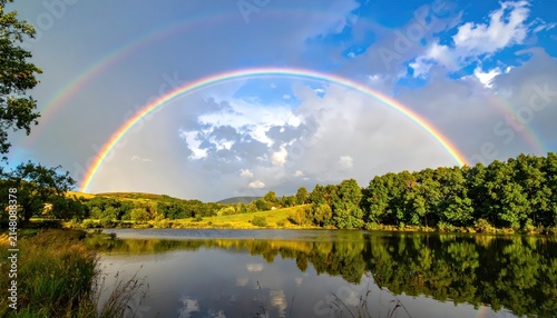 Double Rainbow Arching Over Lush Green Landscape and Reflecting Lake After Rainfall