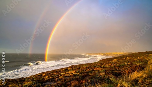 Double rainbow arching over the ocean waves crashing on a rugged coastline with rolling hills and dramatic sky.