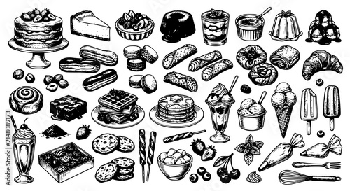 Vintage Hand Drawn Dessert Sketch Collection with Artisan Bakery and Frozen Sweet Treat Illustrations