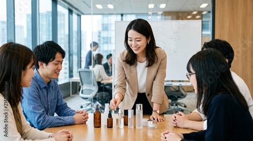 Plakat 会議室にて、テーブルに置かれた数種類の形状の化粧品ボトルを見ながら、若いチームメンバー数名と穏やかな笑顔で議論している商品開発担当20代日本人女性社員のクローズアップポートレート
