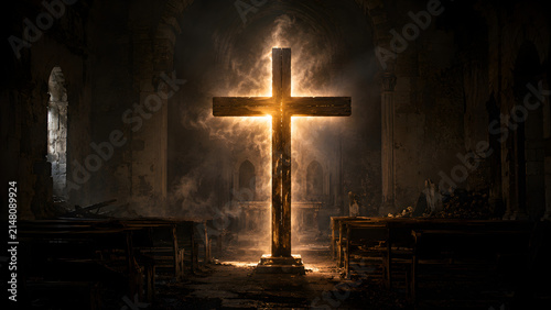 A glowing wooden cross standing in the center of a dark, abandoned, and atmospheric church