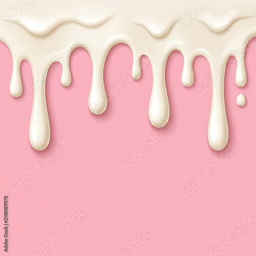 Sweet white vanilla glaze dripping down over a smooth pink backdrop, perfect for cosmetic or dessert backgrounds.