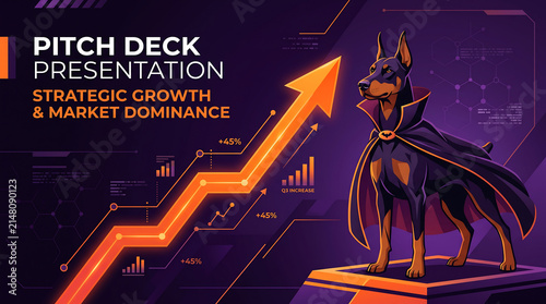 Dynamic pitch deck presentation featuring a heroic dog character with business growth charts and strategic arrow graphics for corporate success
