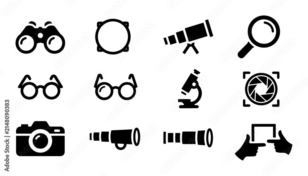 Fototapeta premium Optics and Vision Icons: Binoculars, Magnifying Glass, Telescope, Microscope, Camera, Glasses