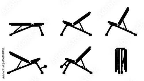 Adjustable Weight Bench Silhouettes, Fitness Equipment Icons, Gym Workout Gear, Exercise Machine Vector Set