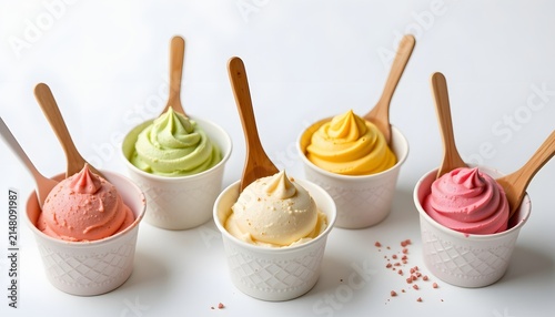 gelato served in elegant paper cups with wooden spoons, minimalist food styling, realistic photography, white background.