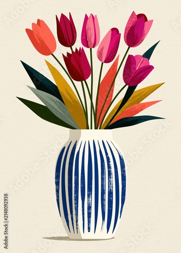 Elegant Pink Tulip Bouquet Illustration in a Decorative Vase