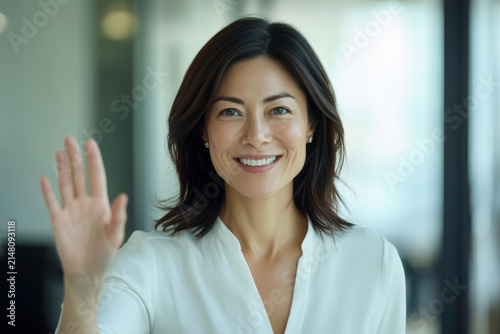 Woman smiling and waving in an office setting