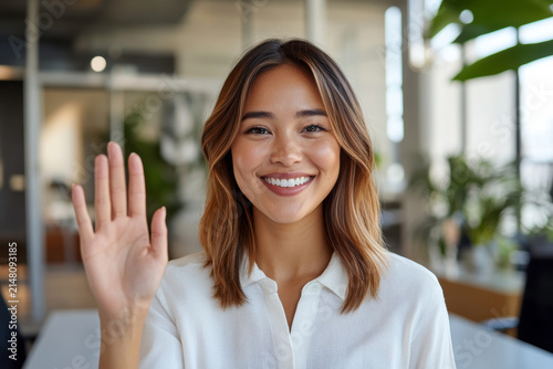 Woman waving hello in a modern office setting during the day