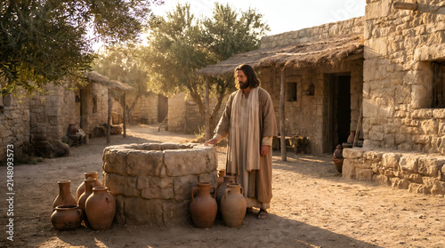 A man in ancient robes standing by a stone well in a sunlit village with trees and clay pots