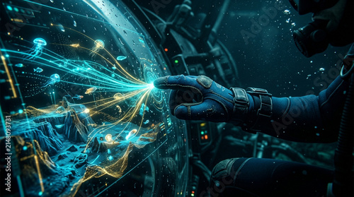Diver using futuristic interface to explore underwater world and interact with marine life.