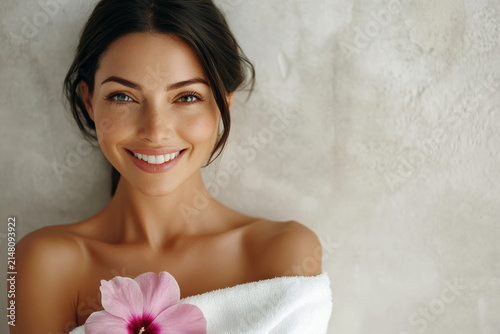Portrait of a woman holding a flower, smiling in a natural setting