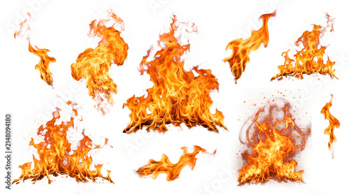 Collection of Realistic Fire Elements Isolated on White Background