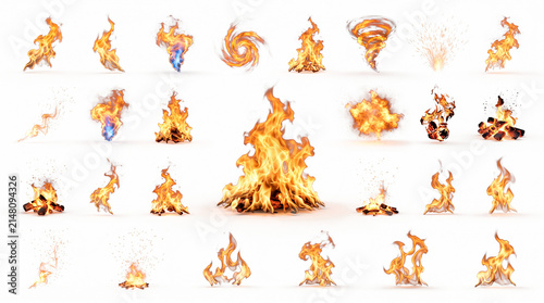 Collection of Realistic Fire Elements Isolated on White Background