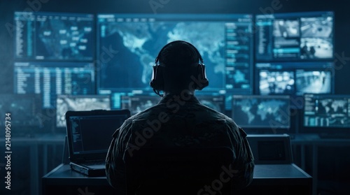 Silhouette of a military man in headphones at a laptop against a video wall of glowing screens with contour lighting for information gathering, surveillance, and control.