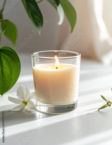 Lit scented candle in clear glass votive, soft warm flame with delicate white flower and green leaves for zen wellness spa atmosphere