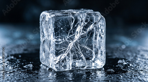 Cracked ice cube with frosty texture on dark wet background, studio shot, macro, close up.