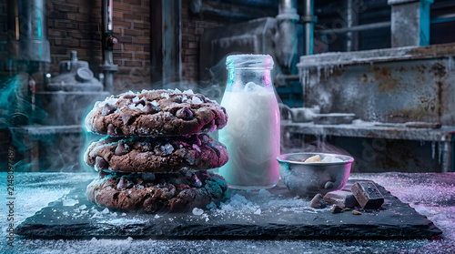 Decadent Chocolate Chip Cookies Stacked High Next to a Glass Milk Bottle on a Distressed Tabletop with Frosty Accents