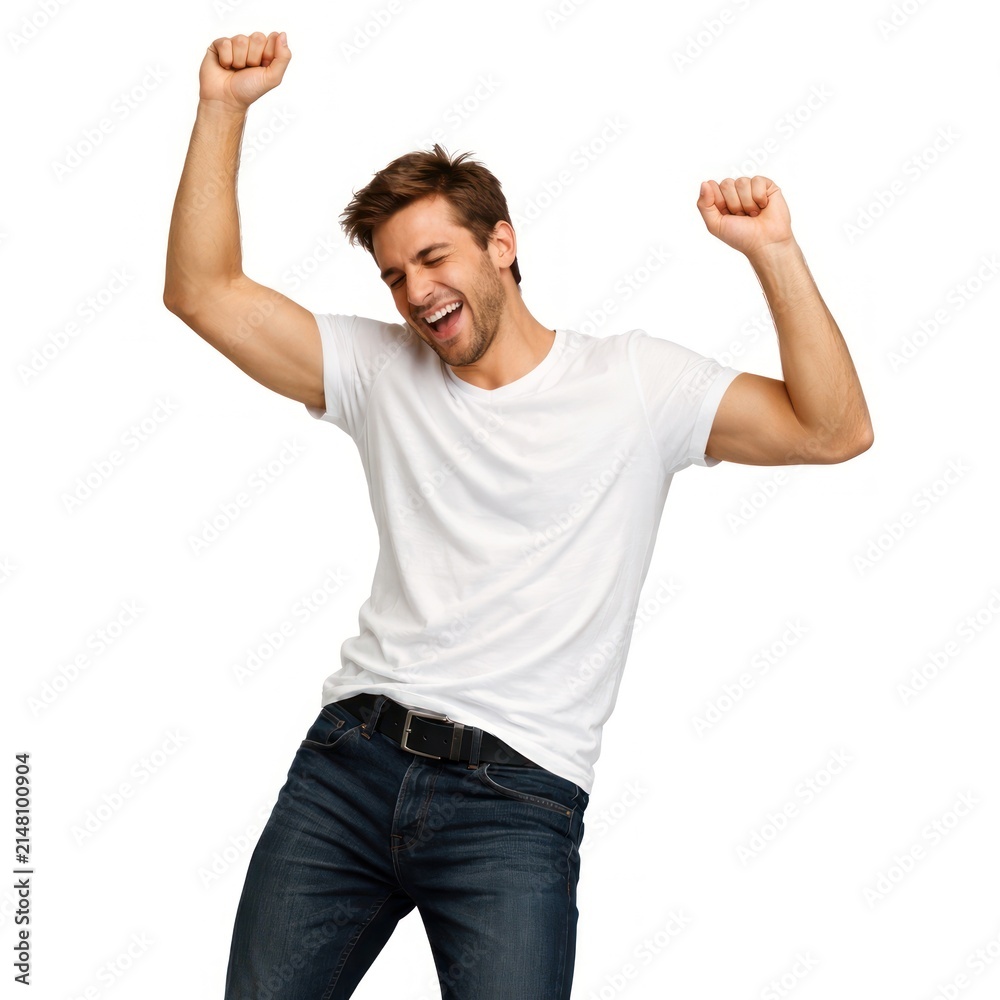 Fototapeta premium Man in a white t-shirt and jeans joyfully dancing with raised arms.