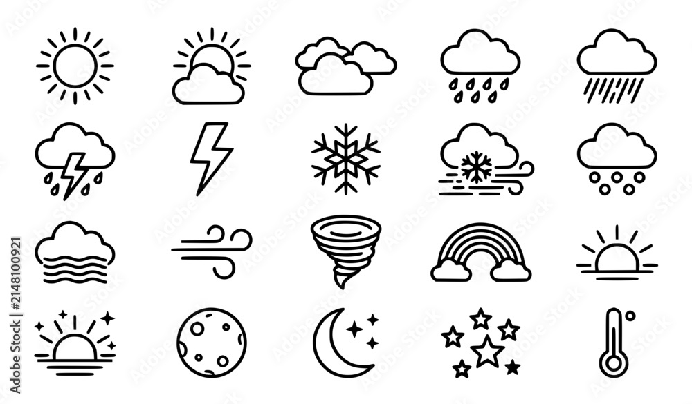 Naklejka premium Black and white weather and forecast outline icon set vector