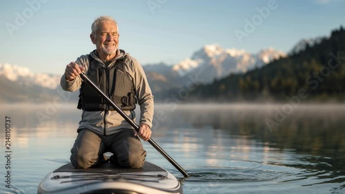 Happy senior man enjoying paddleboarding on a calm mountain lake at sunrise. Peaceful outdoor activity, active retirement, and serene nature landscape with lake mist.