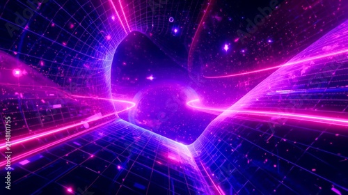 Vibrant neon lights pulse through a digital grid