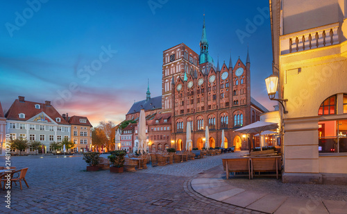 Stralsund, Germany - HDR image of Alter Markt square with gothic Town Hall (Rathaus) at dusk
