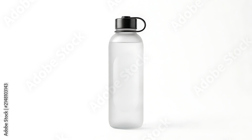 Frosted clear plastic water bottle with black cap, empty reusable container, isolated on a white background, for hydration