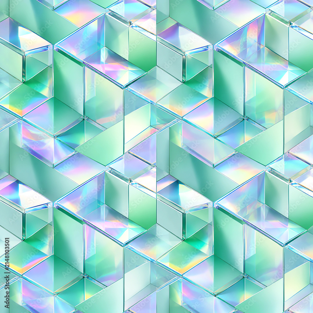 Obraz premium Abstract geometric 3D blocks made of iridescent holographic crystals seamless pattern