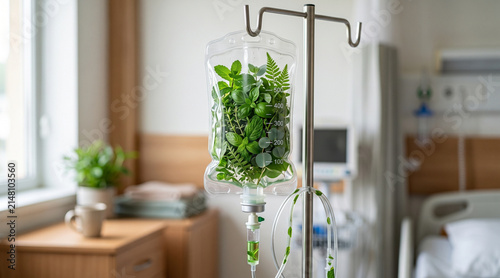 Hospital intravenous bag filled with green medicinal herbs in medical room interior setup.