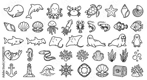Minimal Cute Ocean Animal Doodle Collection with Whale Dolphin Turtle and Shell Line Art