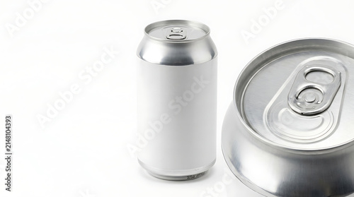 Two silver aluminum beverage cans are displayed on a white background, one standing upright with a blank white label area, and the other a